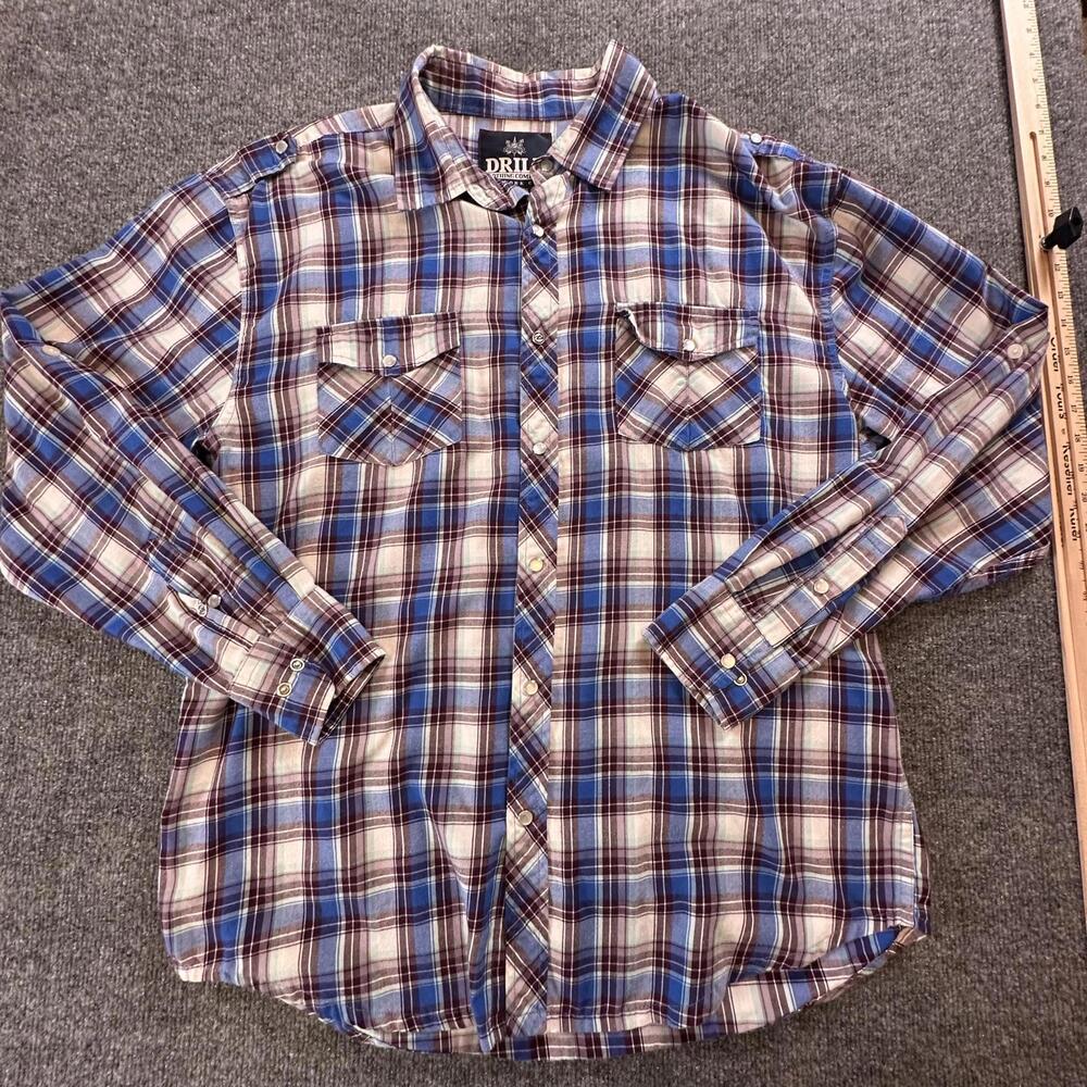 DRILL Clothing Company Mens XL Plaid Pearl Snap Western Shirt Blue Long Sleeve